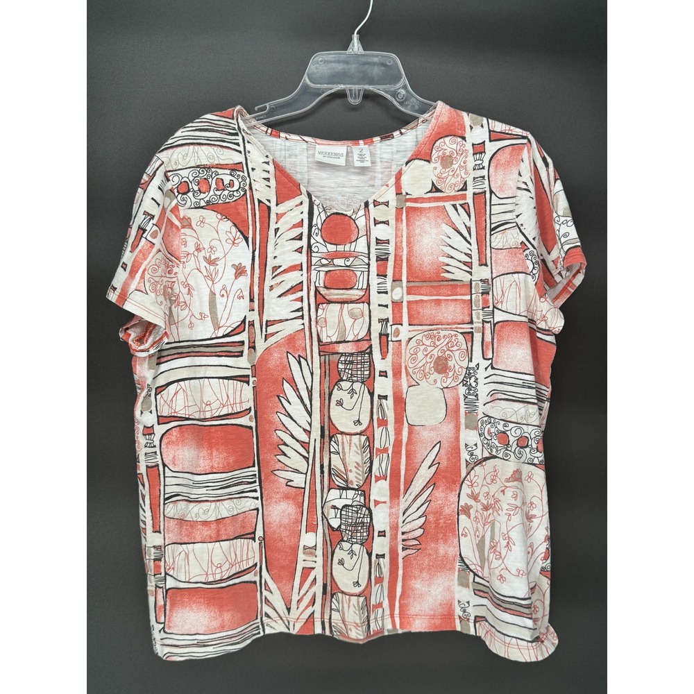 Weekends by Chico's Tee Women Size 2 (L) Coral Orange Abstract Cotton V-Neck